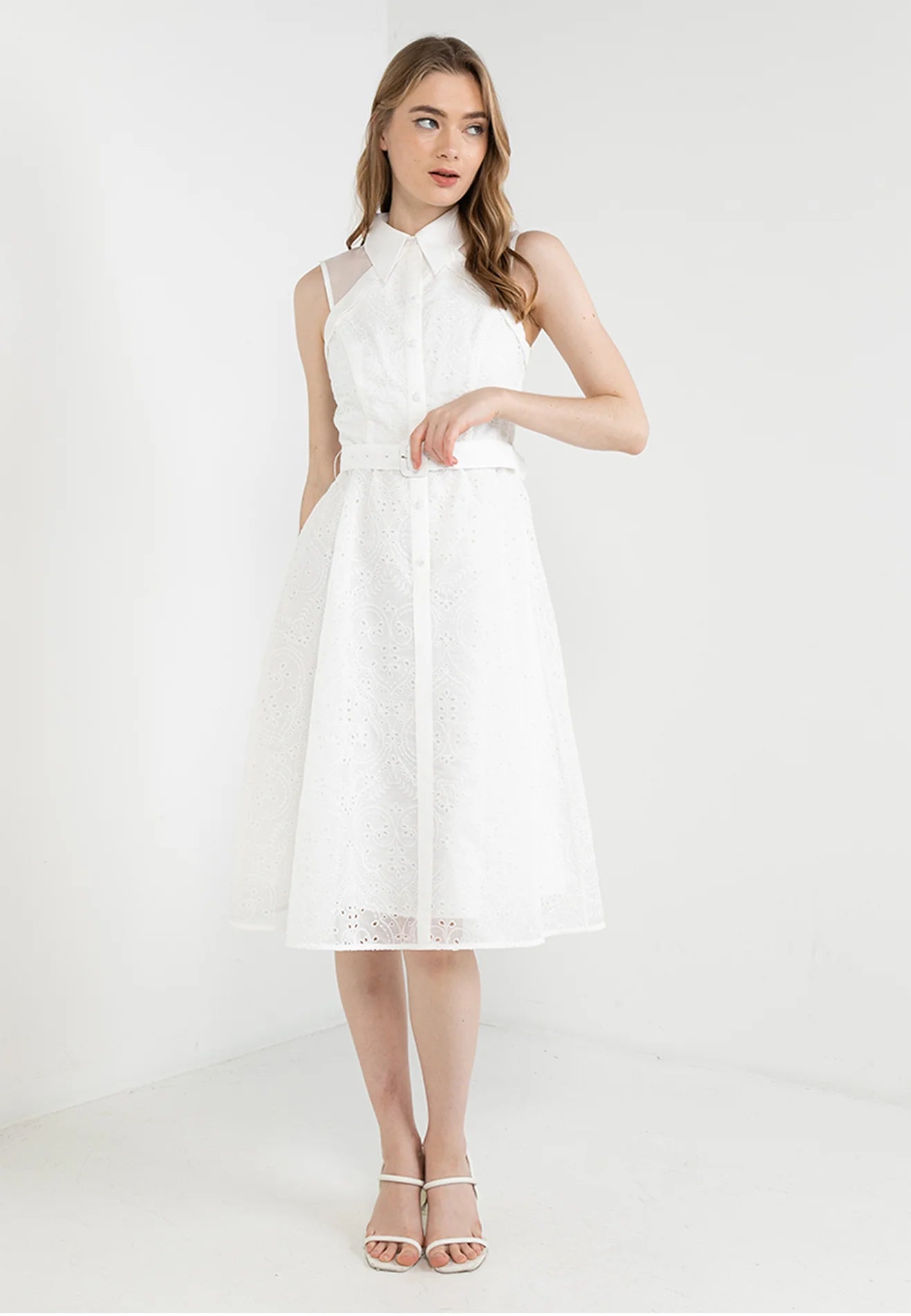 ELLE Apparel Collar Belted Blossom Lace Organza Midi Dress