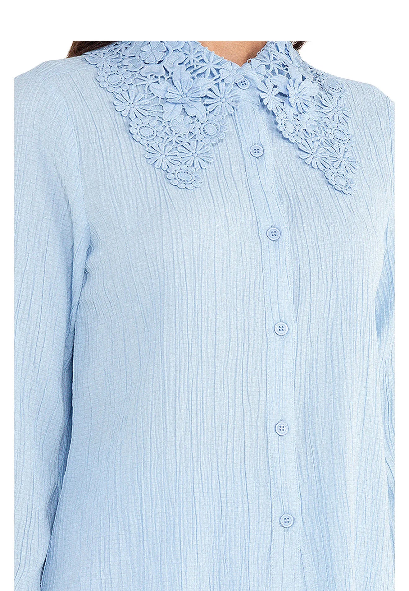ELLE Apparel Floral Collar Embroidered Button Up Blouse