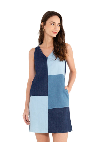 ELLE Apparel V-Neck Color Block Denim Mini Dress