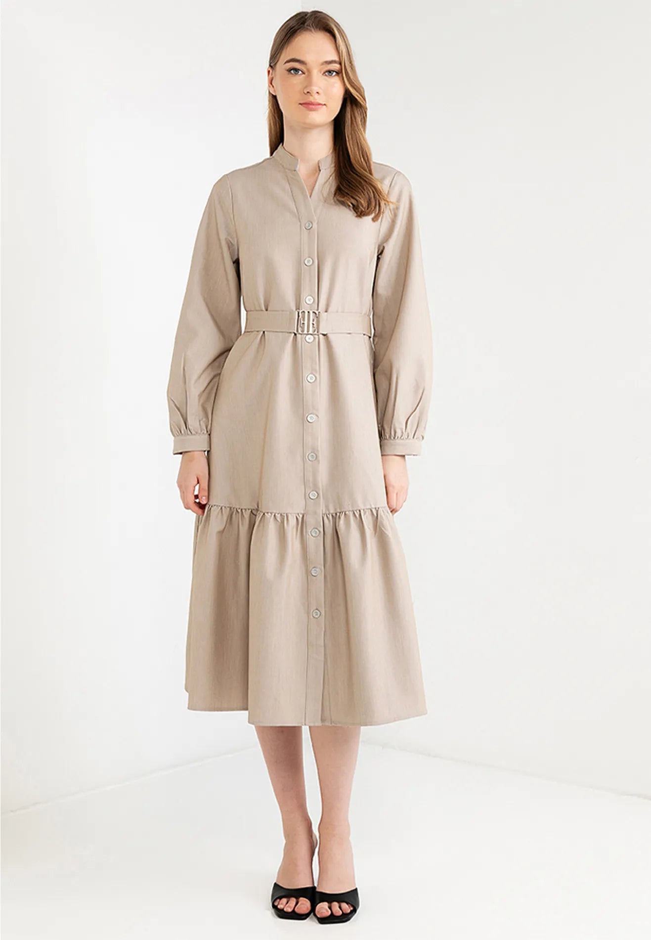 Logo Belted Ruffle Hemline Maxi Dress