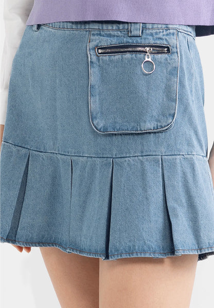 VOIR JEANS Hey Summer Collection: Pleated Denim Skirt With Zip Pockets