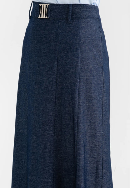 Denim Logo Belted Flare Maxi Skirt