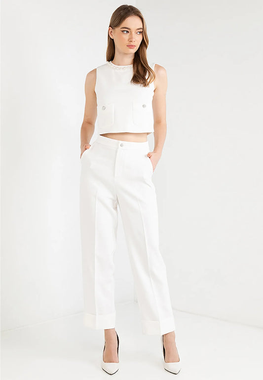 Floral Button Rolled Hem Straight Cut Pants