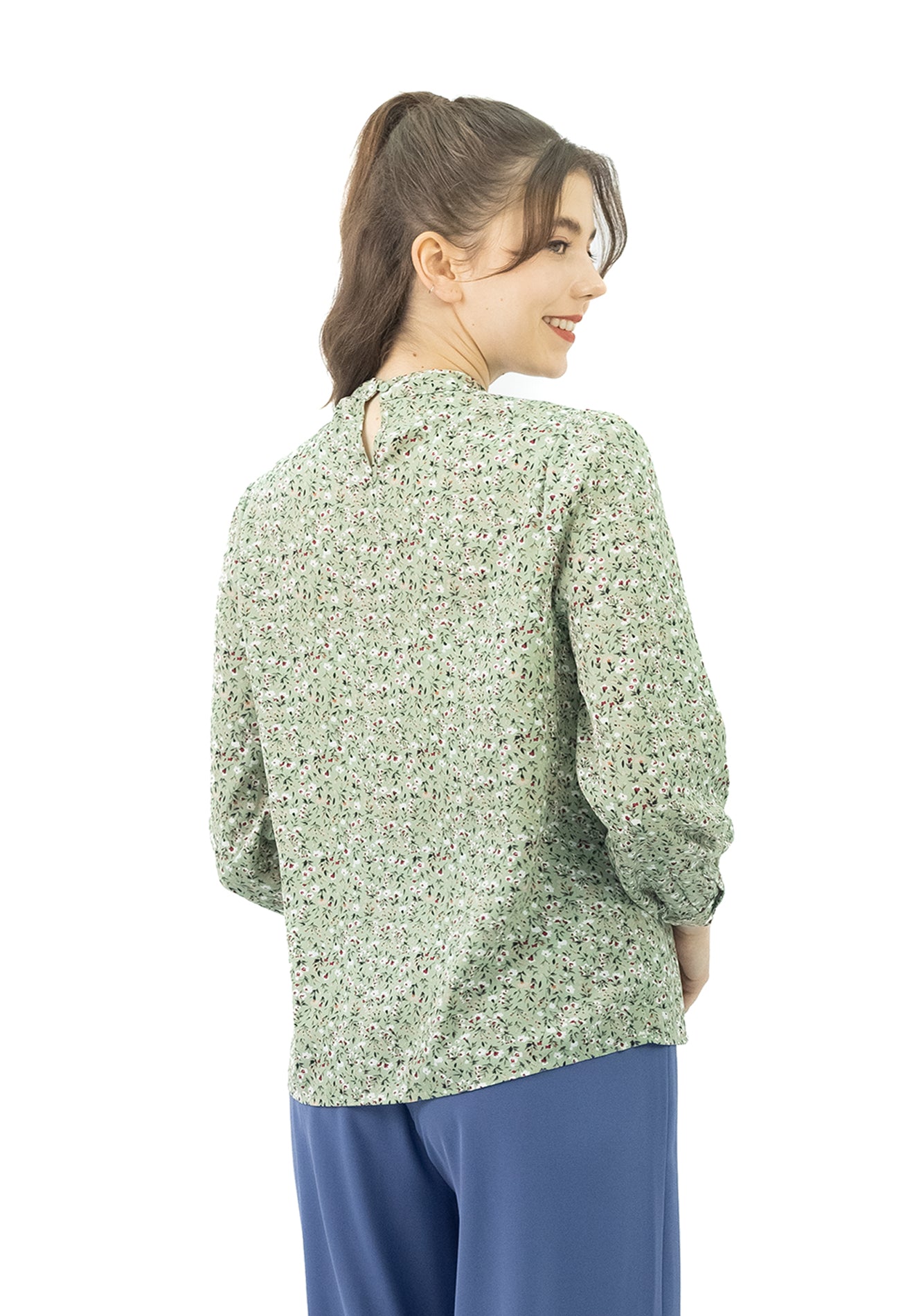 DAISY By VOIR Ruched Mock Neck Printed Blouse