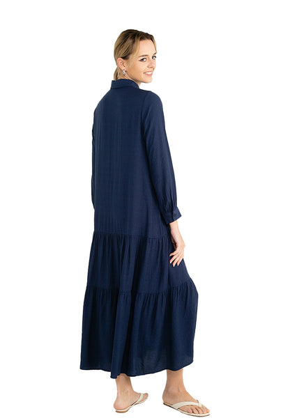 ELLE Apparel Collar Neck Long Sleeves Tiered Maxi Dress