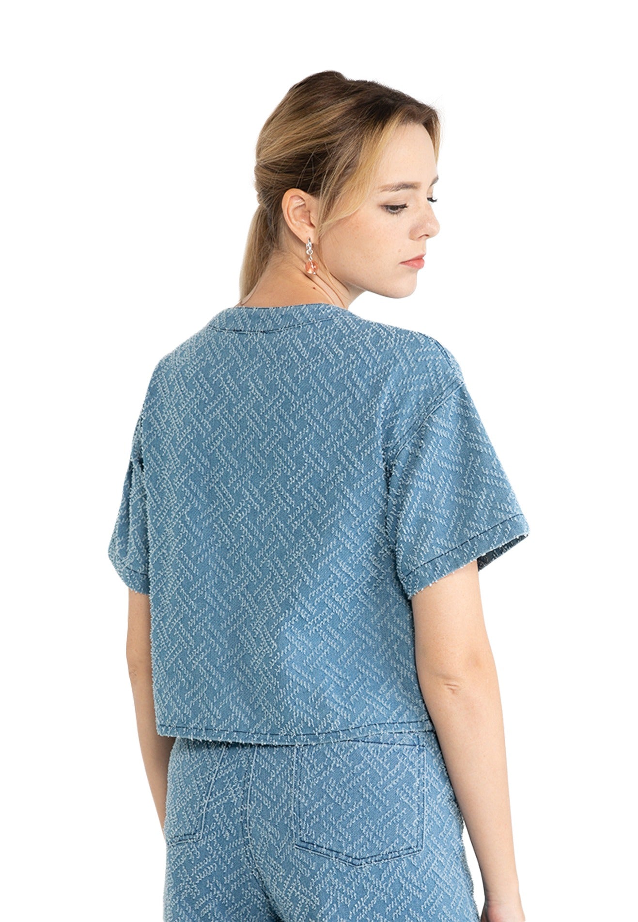 ELLE Apparel Denim Jacquard Button Up Top