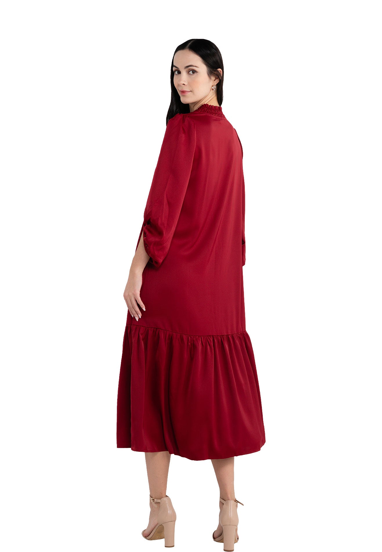 ELLE Apparel Elegant Tiered Midi Lantern Sleeves Long Dress