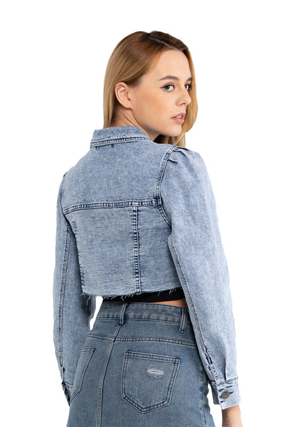 VOIR JEANS Puff Sleeves Crop Denim Jacket