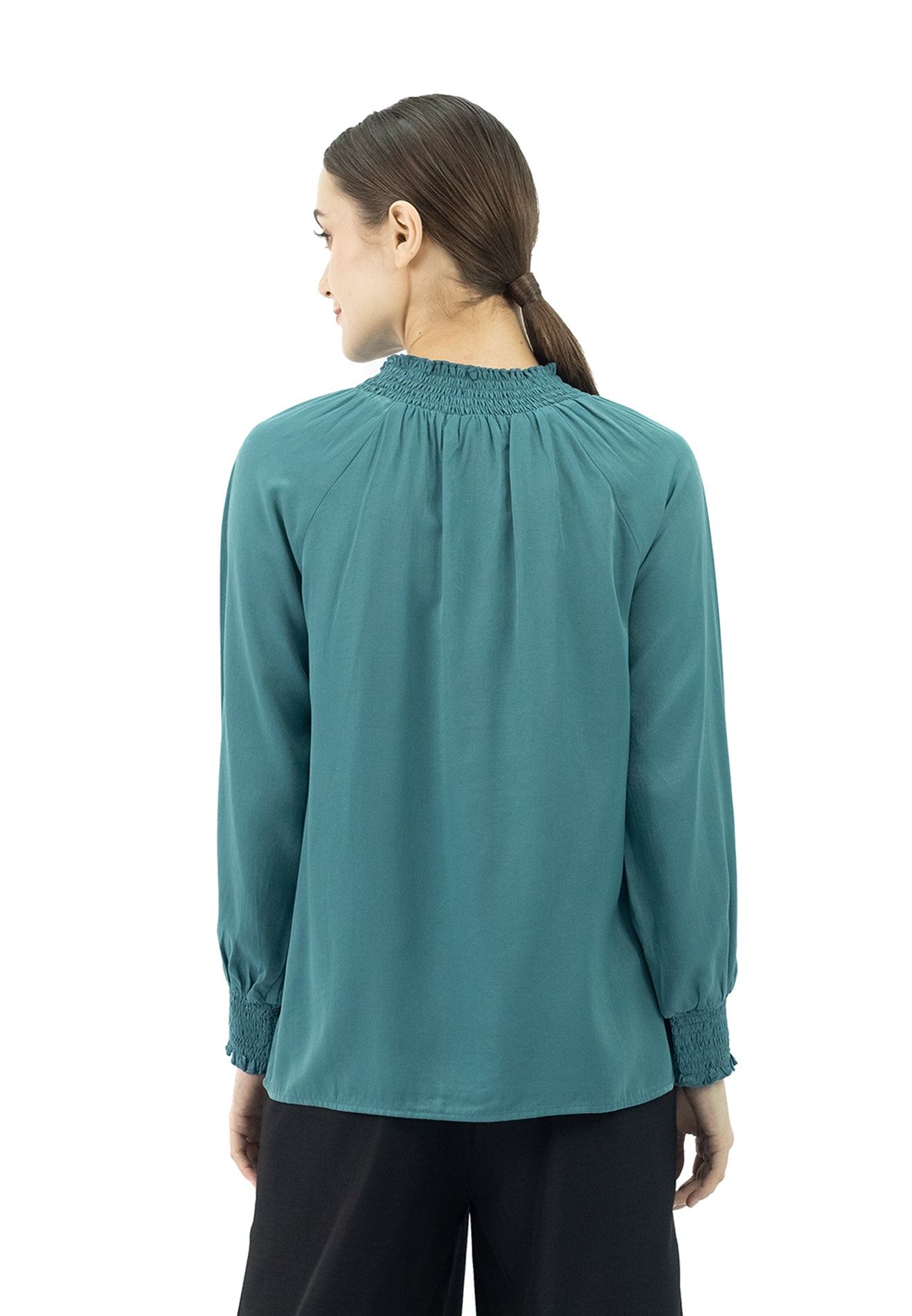 DAISY By VOIR Shirred High Neck Keyhole Back Blouse