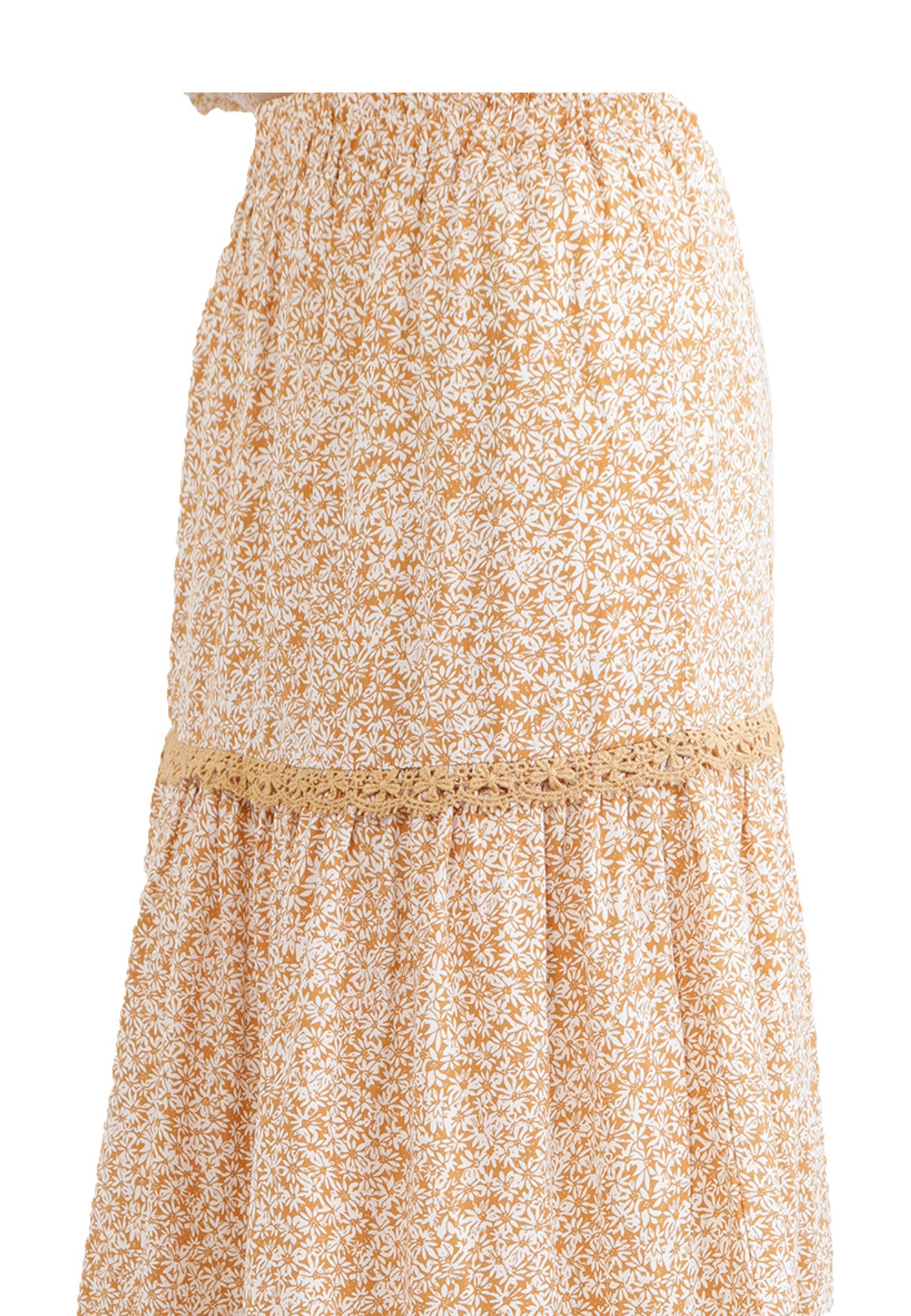 ELLE Apparel Allover Floral Print Ruffle Hem Midi Skirt