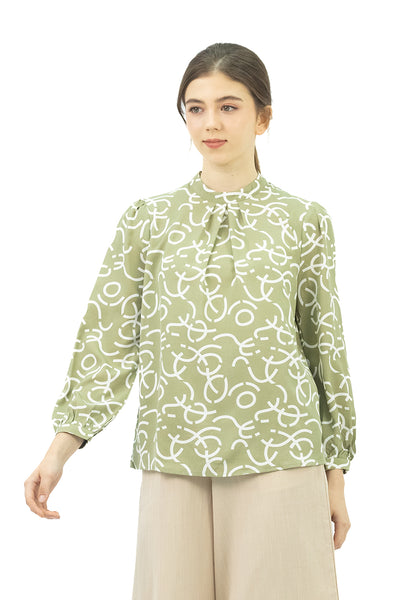 DAISY By VOIR Ruched Mock Neck Printed Blouse