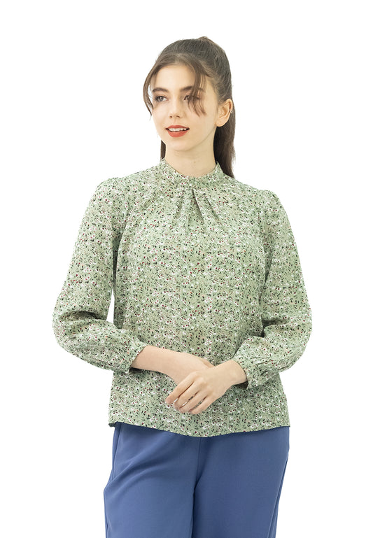 DAISY By VOIR Ruched Mock Neck Printed Blouse