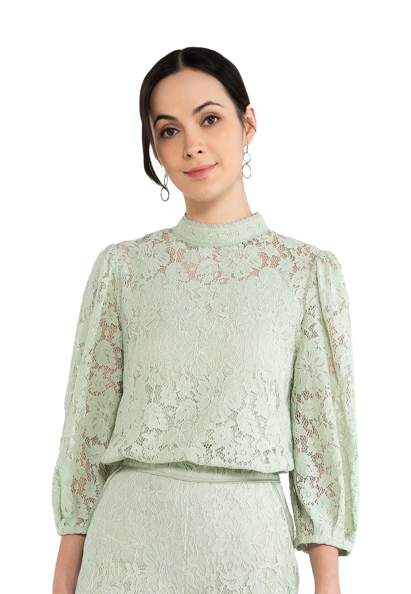 ELLE Apparel Floral Lace Ruffle High Neck Blouse
