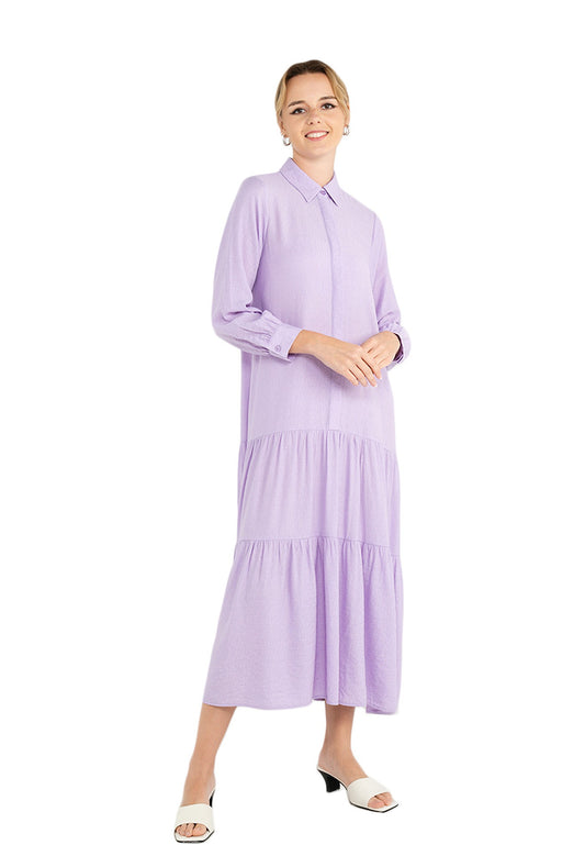 ELLE Apparel Collar Neck Long Sleeves Tiered Maxi Dress