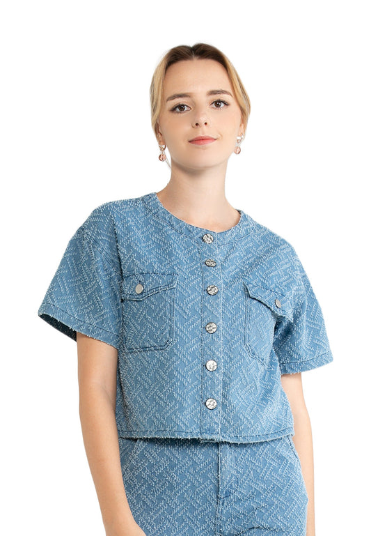ELLE Apparel Denim Jacquard Button Up Top