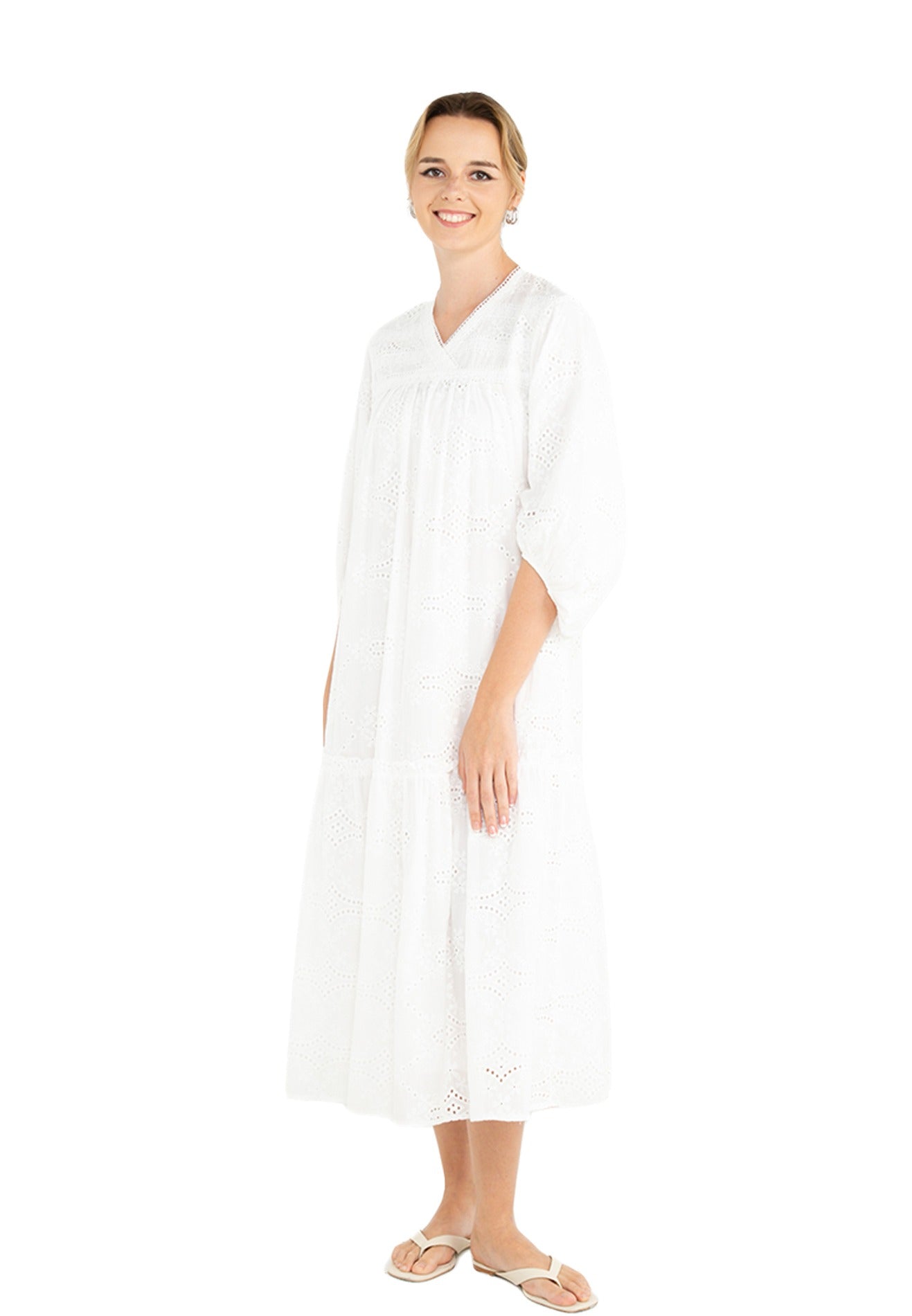 ELLE Apparel V-Neck Puff Sleeves Embroidered Long Dress