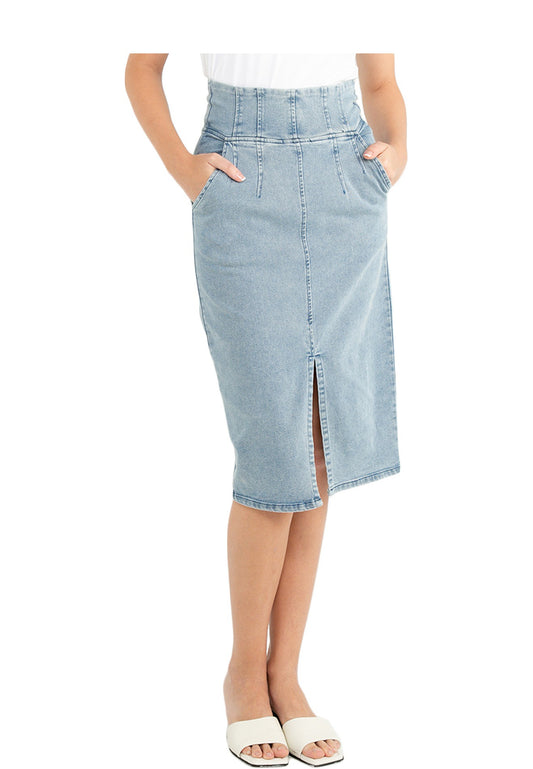 ELLE Apparel High-Waisted Slit Denim Midi Skirt