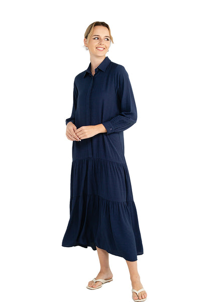 ELLE Apparel Collar Neck Long Sleeves Tiered Maxi Dress
