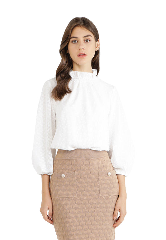 ELLE Apparel High Ruffle Neck Puff Sleeves Blouse