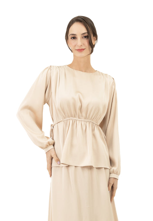 DAISY BY VOIR Flowy Drawstring Satin Blouse