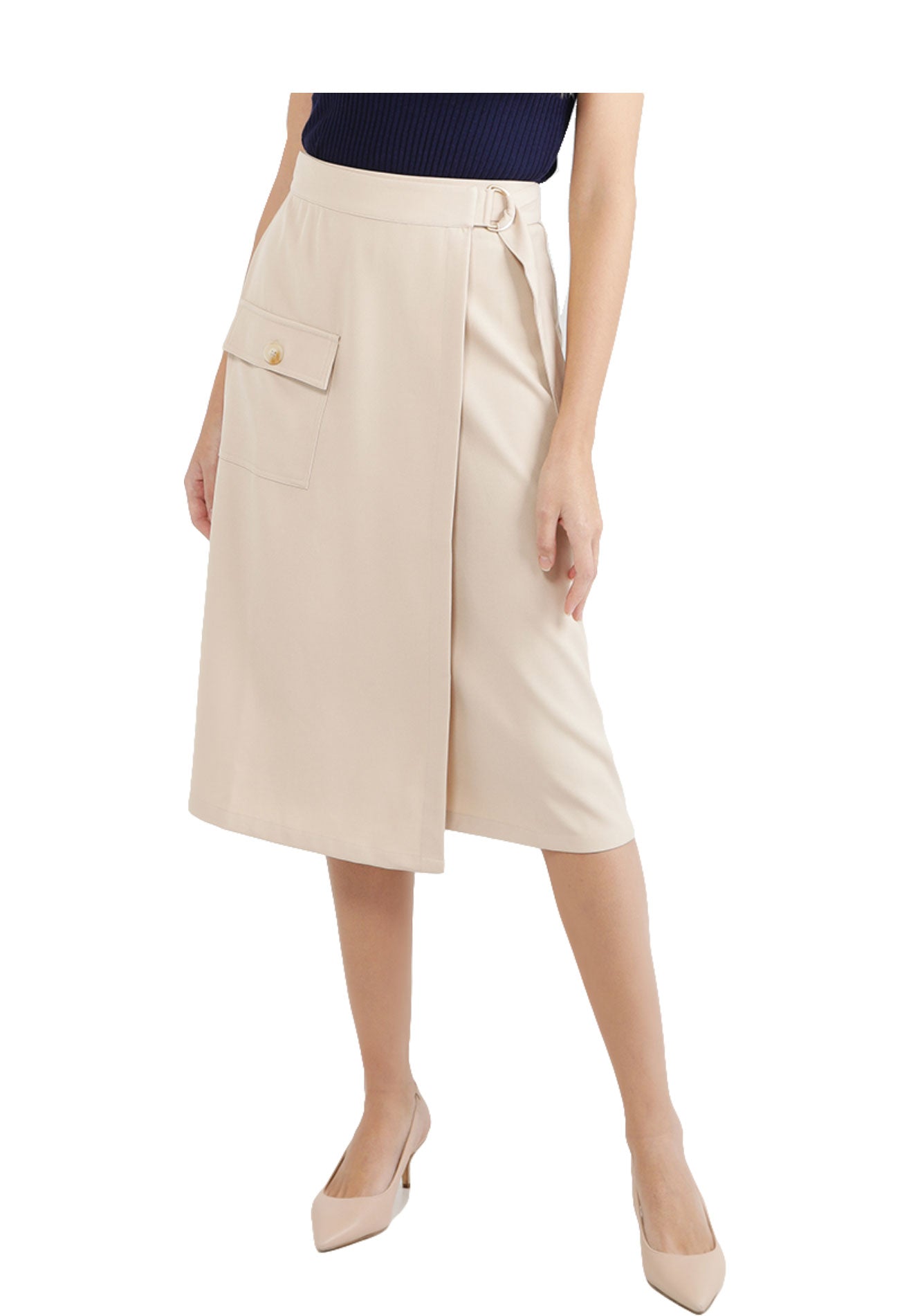 ELLE Apparel Front Pocket Overlap Midi Skirt