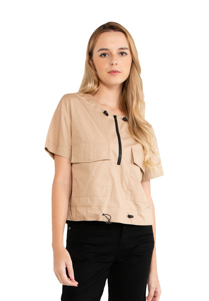 VOIR JEANS Front Patch Pocket Drawstring Hem Top