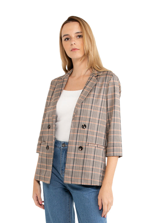 VOIR JEANS Lapel Collar Double Breasted Plaid Blazer