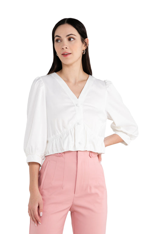 ELLE Apparel V Neck Button Half Sleeves Blouse