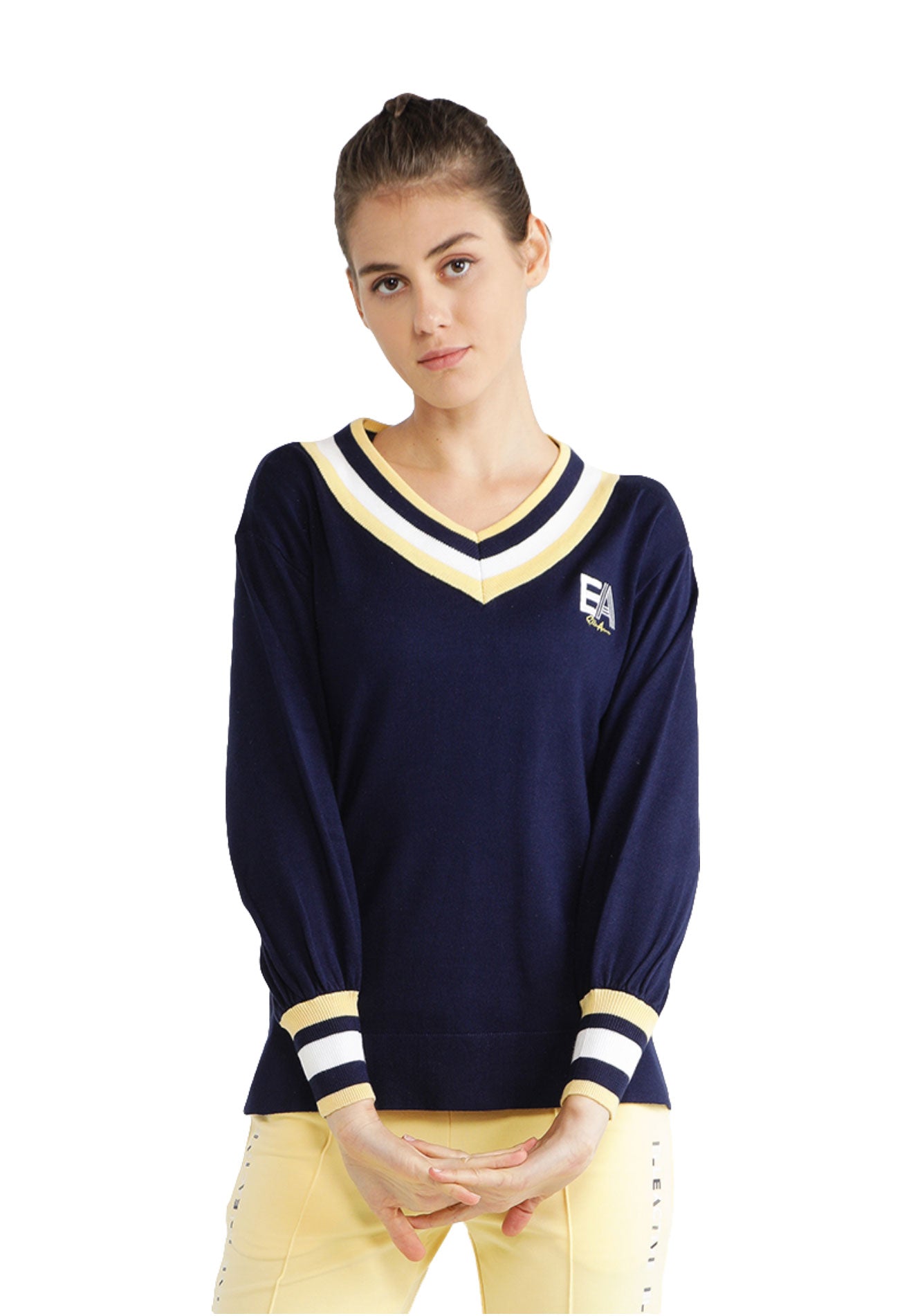 ELLE Active Striped Hi-Low Hem Yarn Knit Top