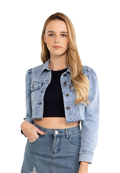 VOIR JEANS Puff Sleeves Crop Denim Jacket
