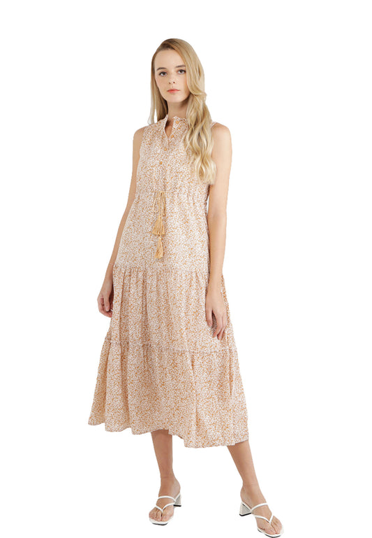 ELLE Apparel Allover Floral Print Ruffle Hem Midi Dress