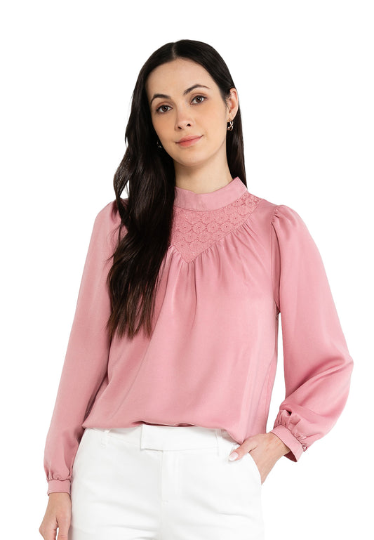 ELLE Apparel V Lace Round Neck Blouse