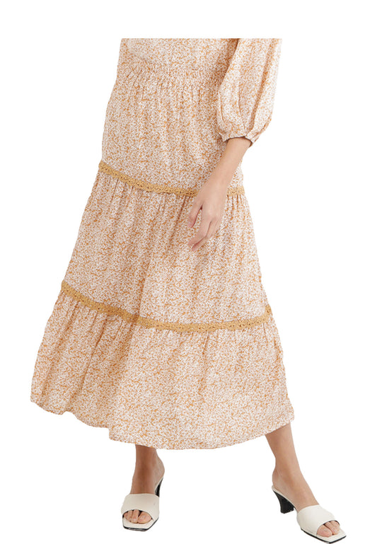 ELLE Apparel Allover Floral Print Ruffle Hem Midi Skirt