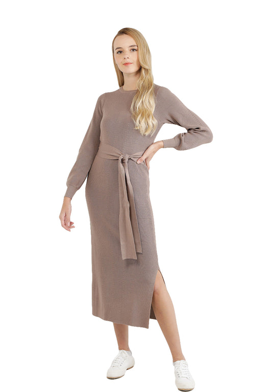 ELLE Apparel Belted Textured Yarn Knit Midi Dress