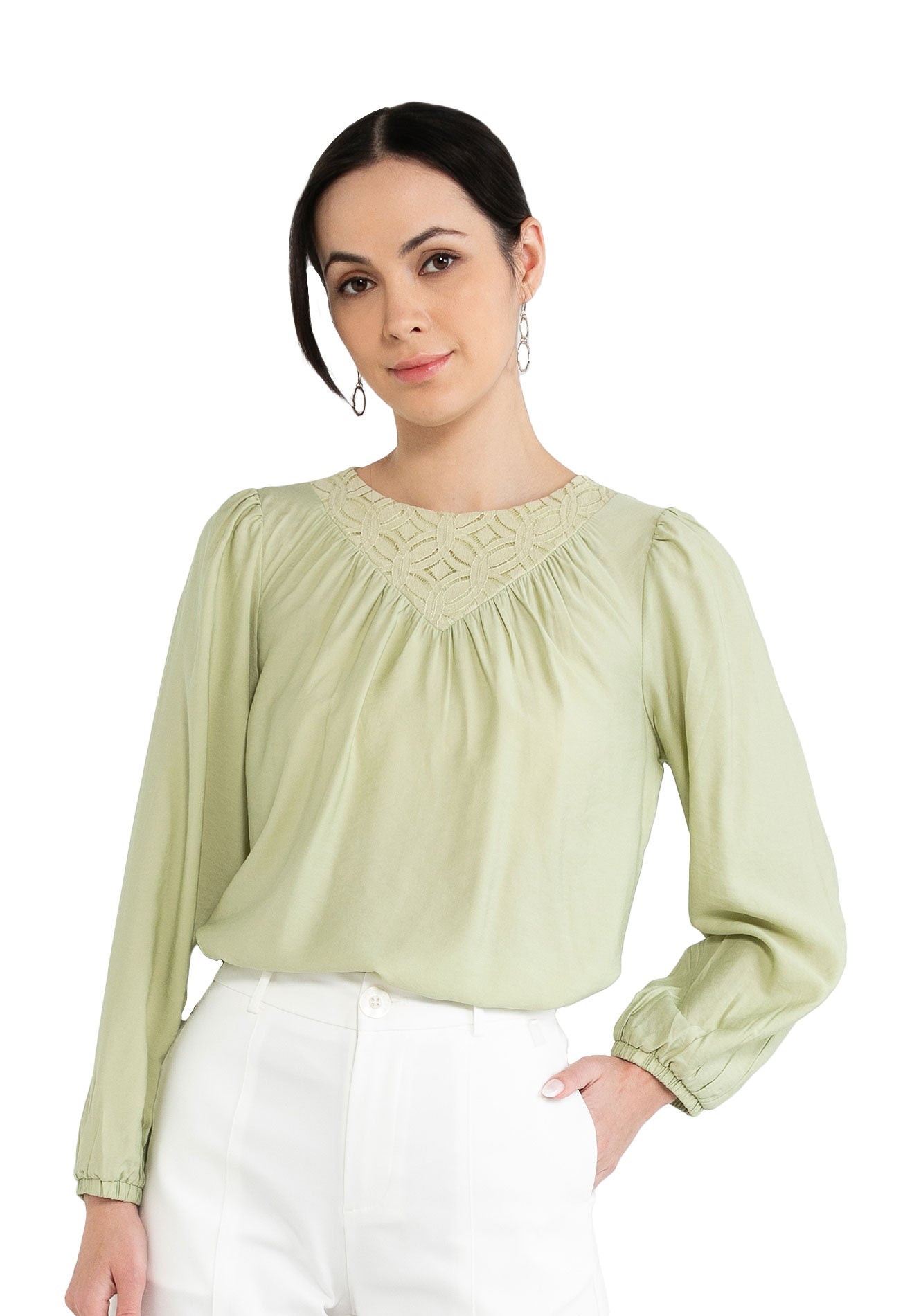 ELLE Apparel V Lace Round Neck Bishop Sleeves Blouse