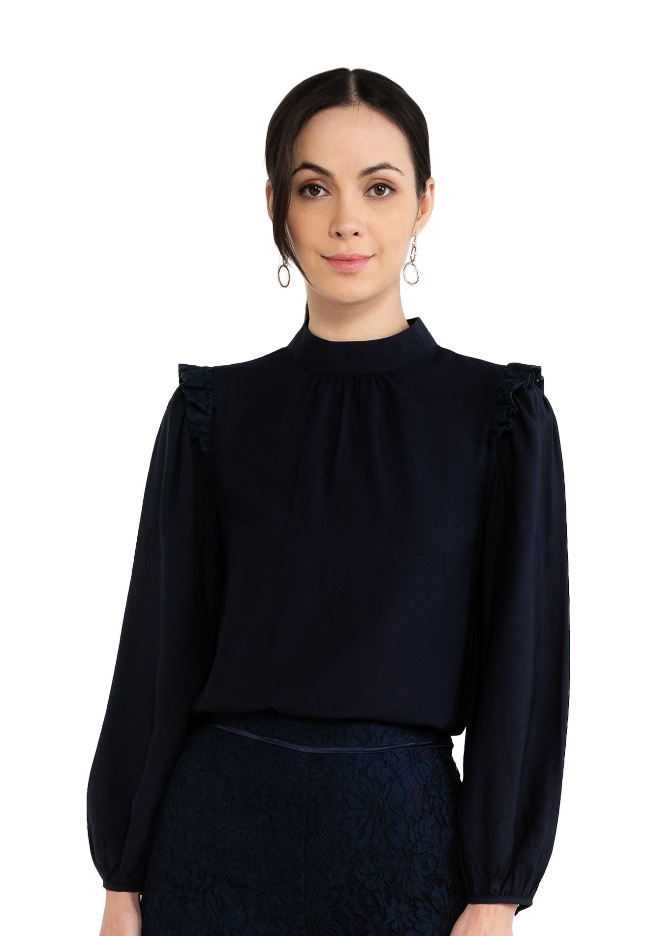 ELLE Apparel High Neck Blouse with Ruffle Bishop Sleeves