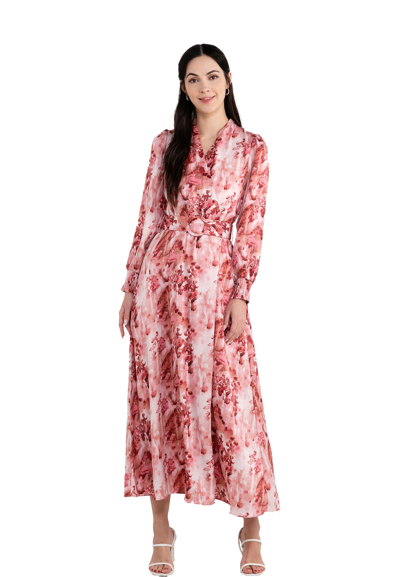 ELLE Apparel Floral V Neck Long Dress with Belt