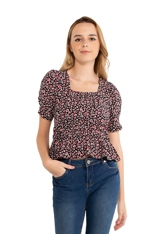 VOIR JEANS Heart Print Ruffle Hem Top
