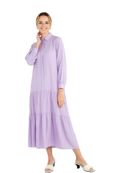 ELLE Apparel Collar Neck Long Sleeves Tiered Maxi Dress