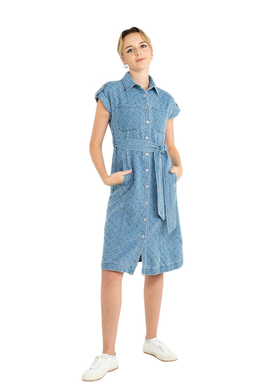 ELLE Apparel Denim Jacquard Belted Dress