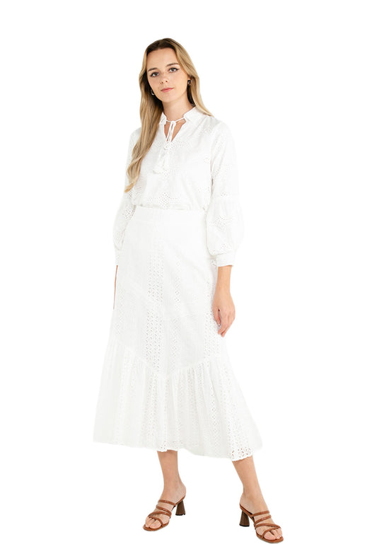 ELLE Apparel Cotton Schiffli Floral Embroidery Puff Sleeve Blouse