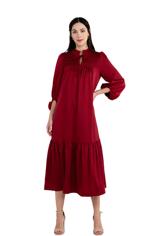ELLE Apparel Elegant Tiered Midi Lantern Sleeves Long Dress