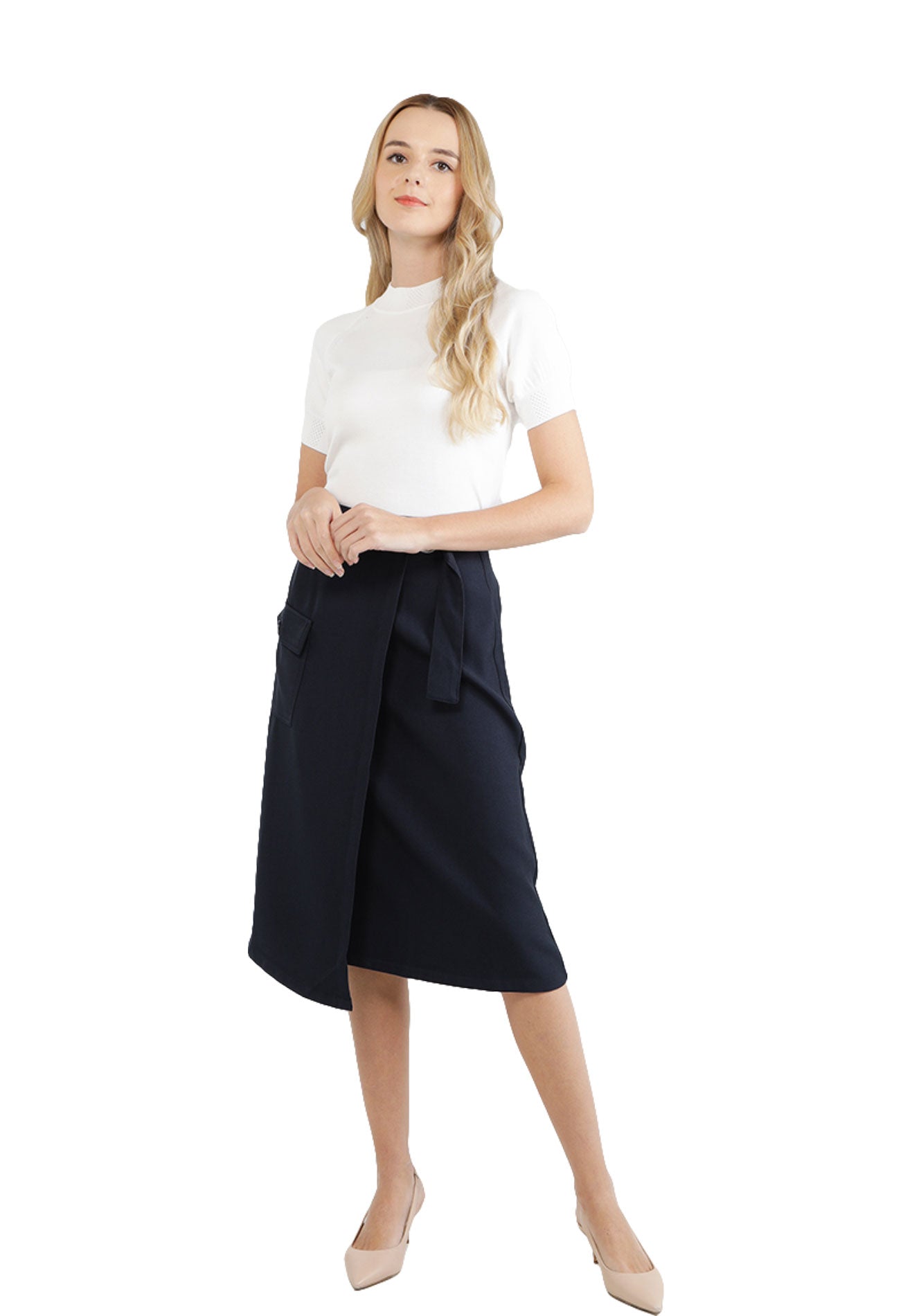 ELLE Apparel Front Pocket Overlap Midi Skirt