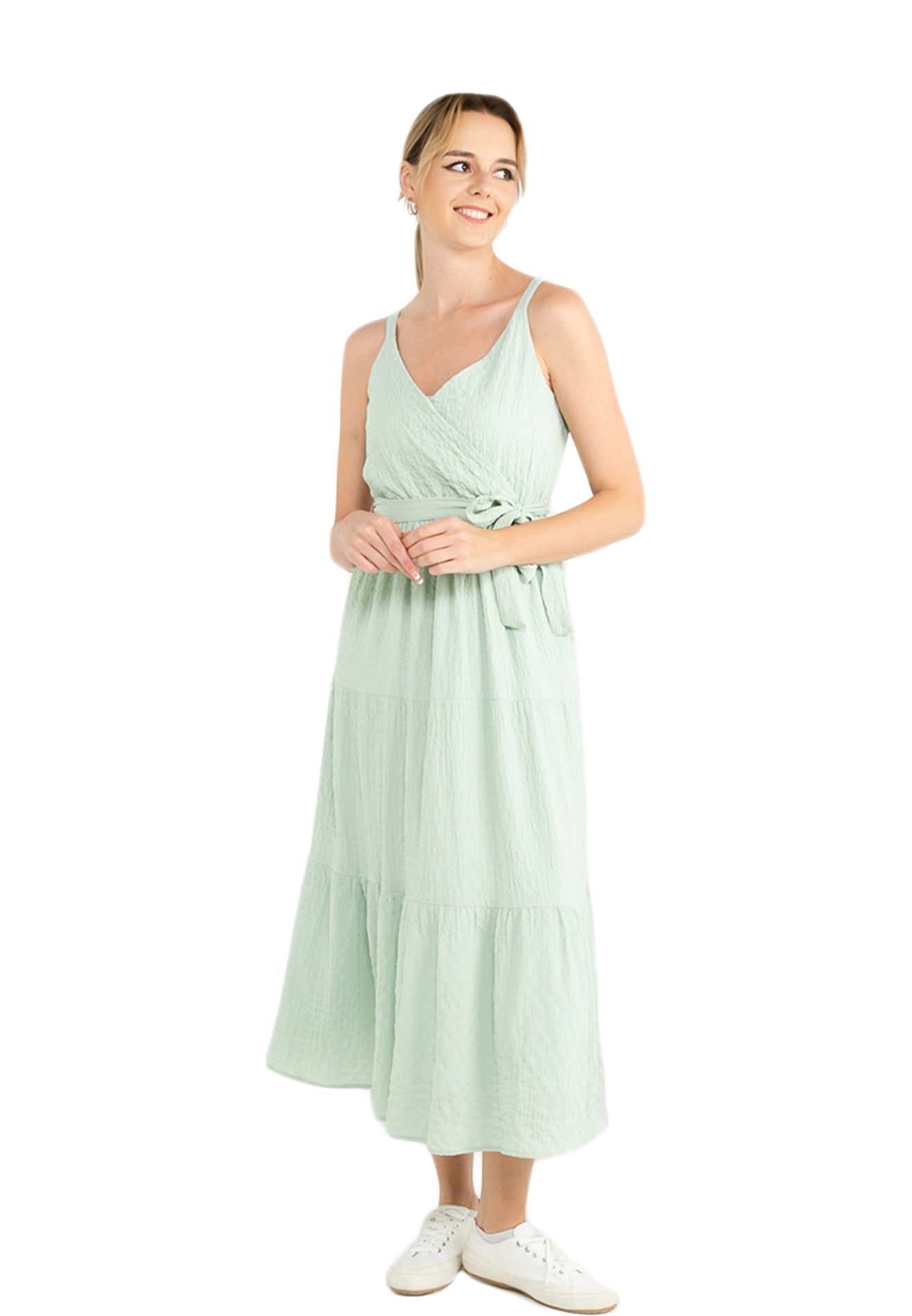 ELLE Apparel Belted Sleeveless Tiered Maxi Dress