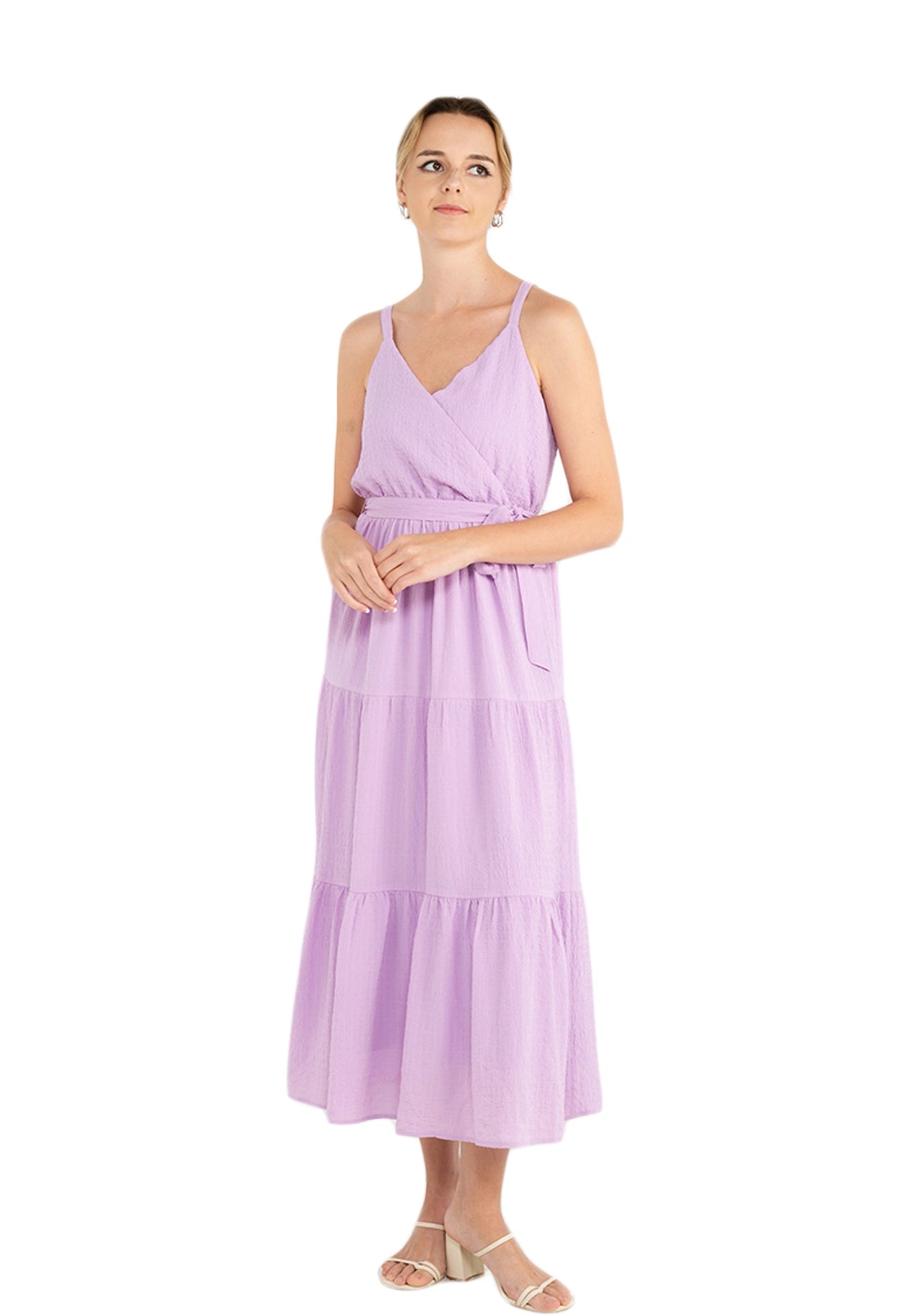 ELLE Apparel Belted Sleeveless Tiered Maxi Dress