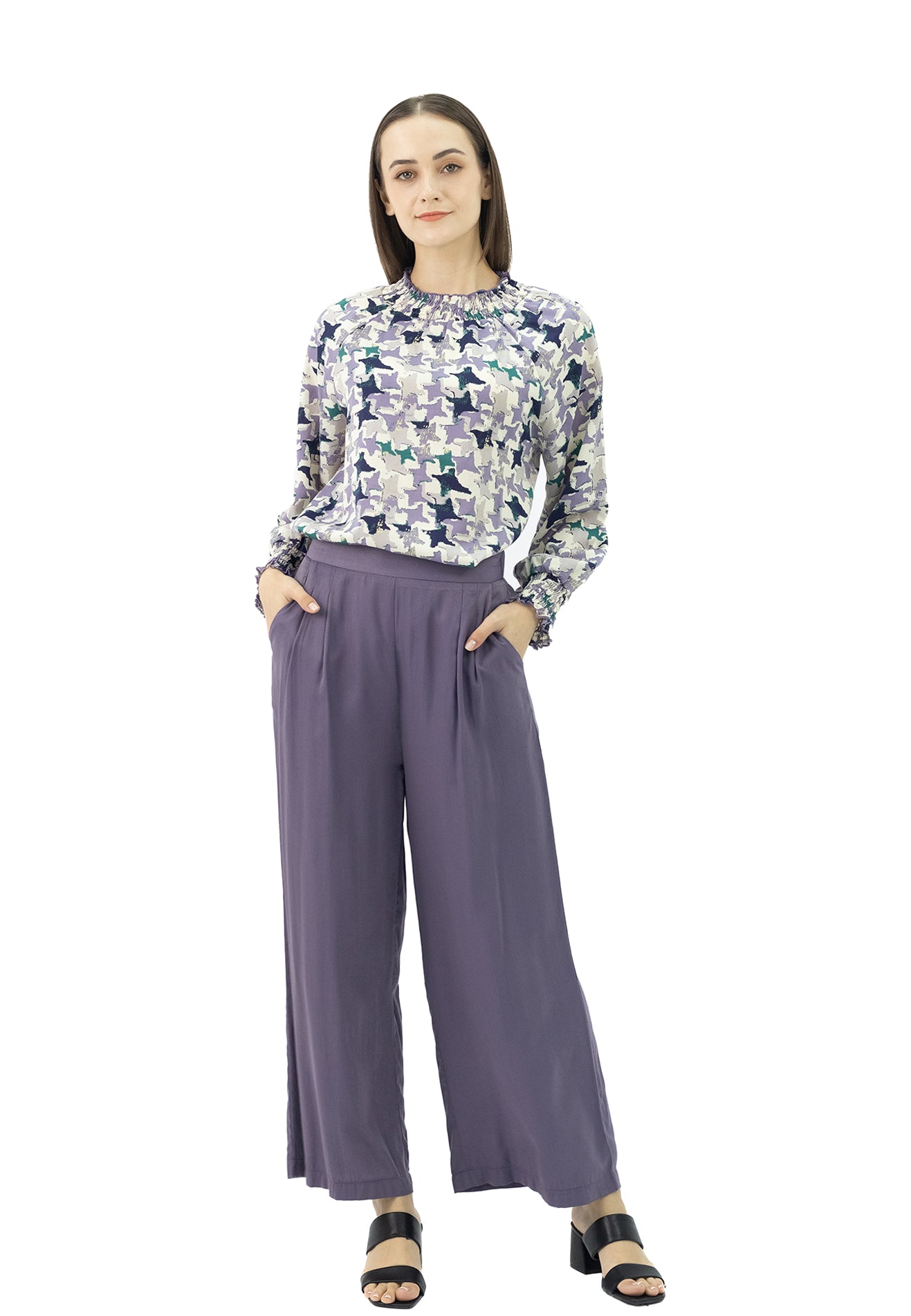 DAISY By VOIR Graphic Printed Solid Wide Leg Pants