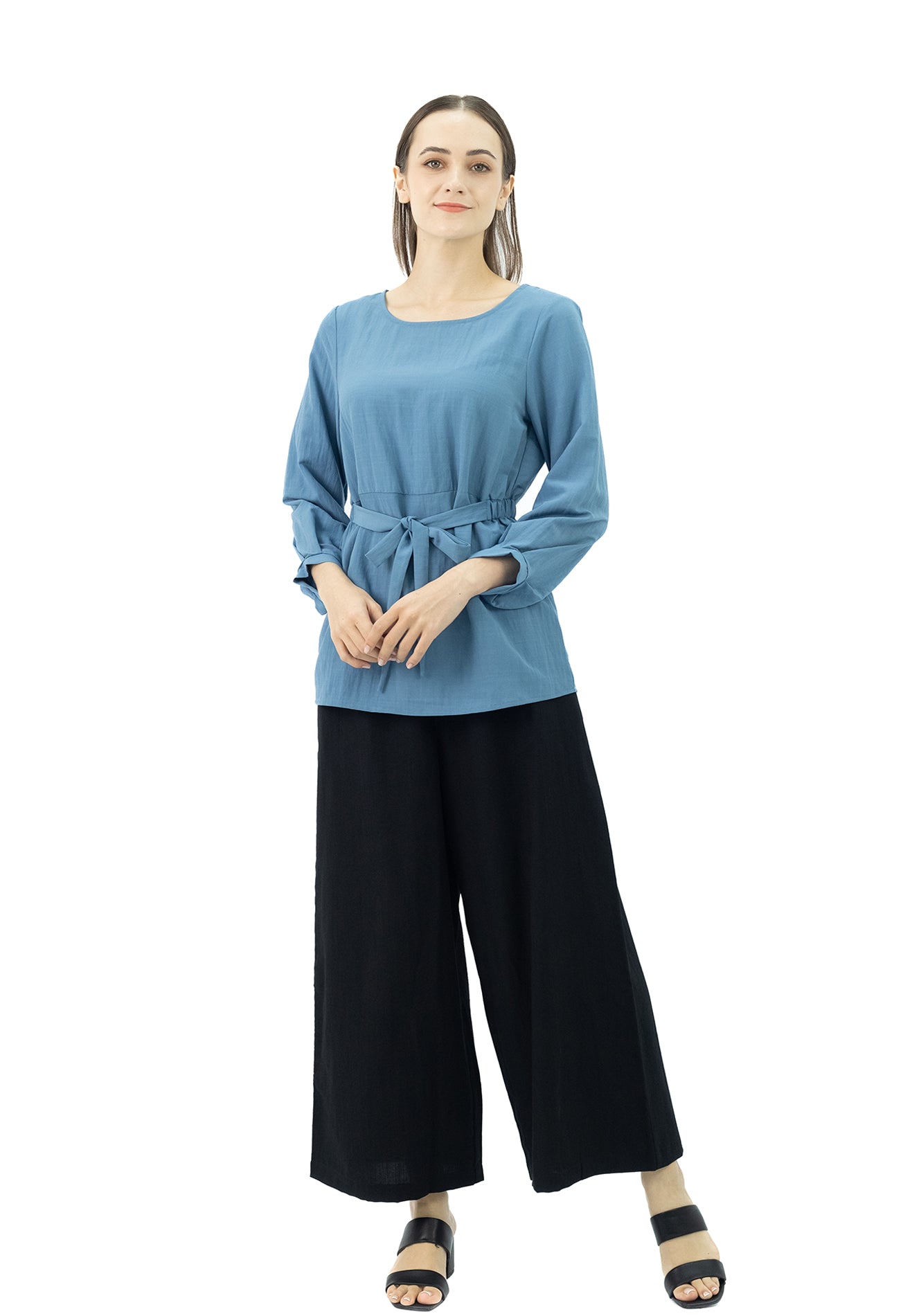 DAISY By VOIR Round Neck Solid Tie Waist Blouse