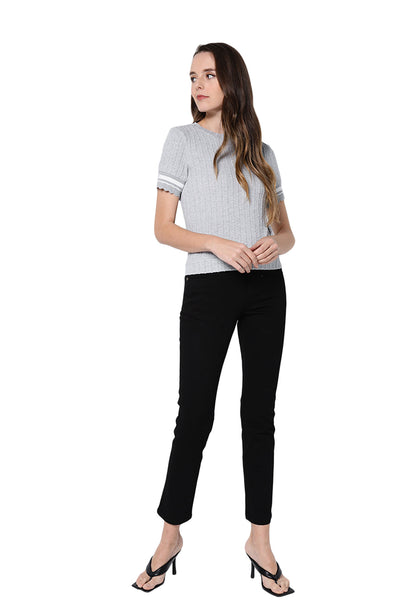 VOIR JEANS Ribbed Knit Top with Contrast White Piping Top