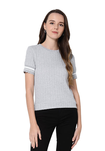 VOIR JEANS Ribbed Knit Top with Contrast White Piping Top