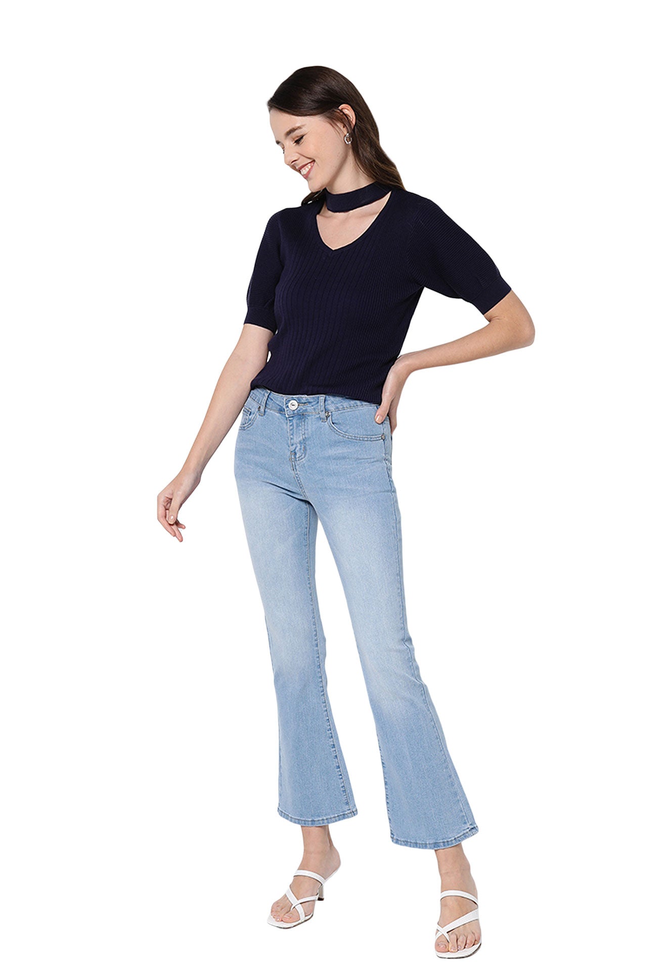 VOIR JEANS Keyhole Puff Sleeves Knit Top
